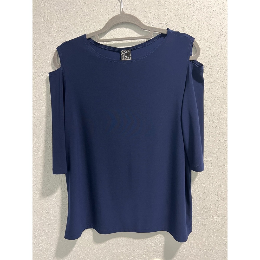 Clara Sun Woo‎ Womens Top Blue Cold Shoulder 3/4 Sleeve Stretchy Size L